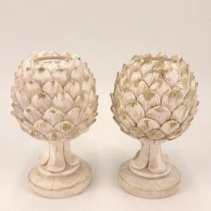 Vintage Style Artichoke Candle Holder Pair Distressed White Green Garden Decor